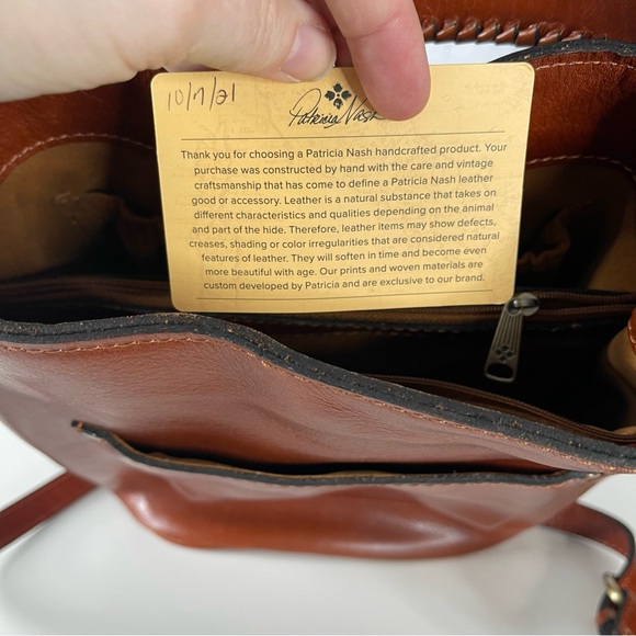 Patricia Nash Cognac Embossed Leather Shoulder Bag Cut Out Tooled Tassels - Picture 5 of 9